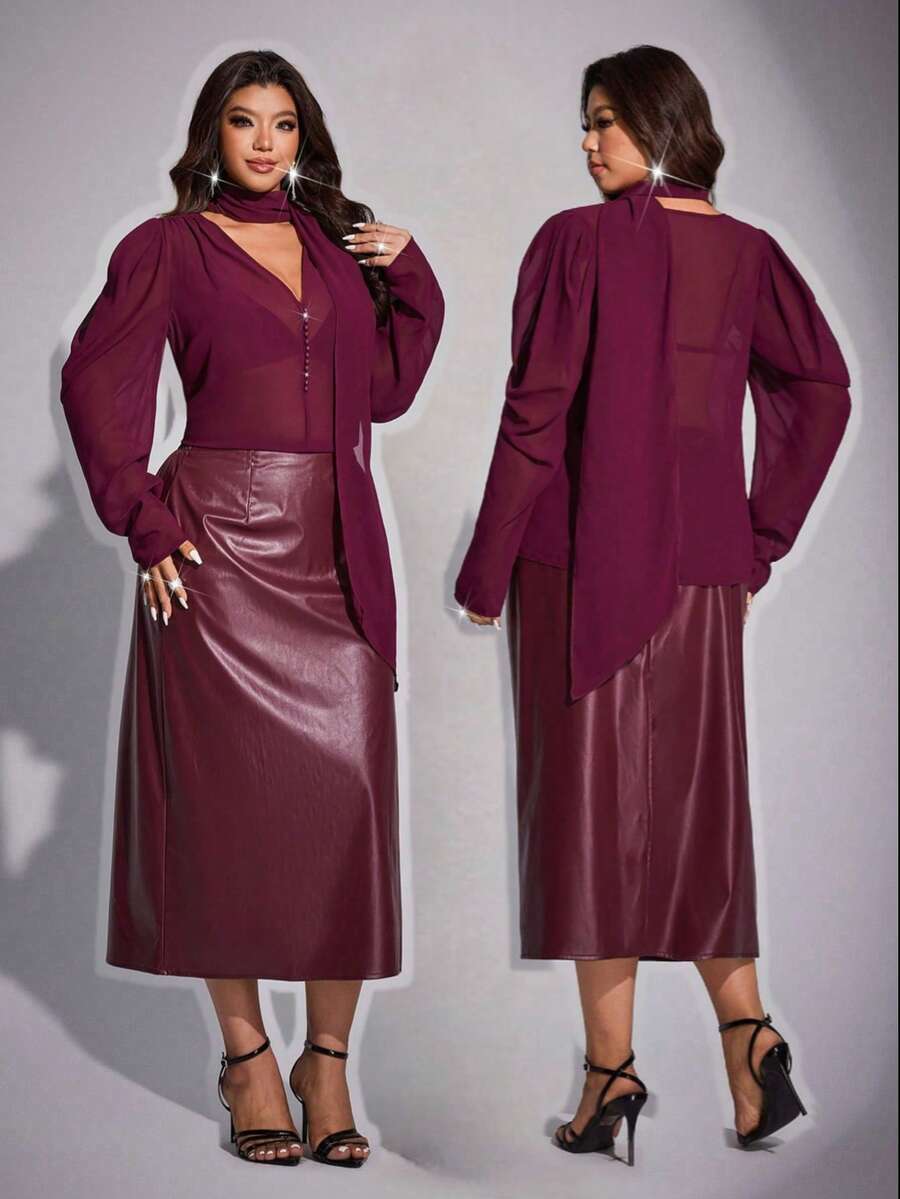 Maweii Plus Size Women's New Elegant Party & Casual Commute Chic Purple Glossy Leather Midi Skirt With Deep V-Neck Design, Ribbon Decor, Button Accent, Sheer Top, Waist Cinching Design For Slimming Effect, Women's Outgoing & Commute Versatile 2-Piece Set - Purple - View 1