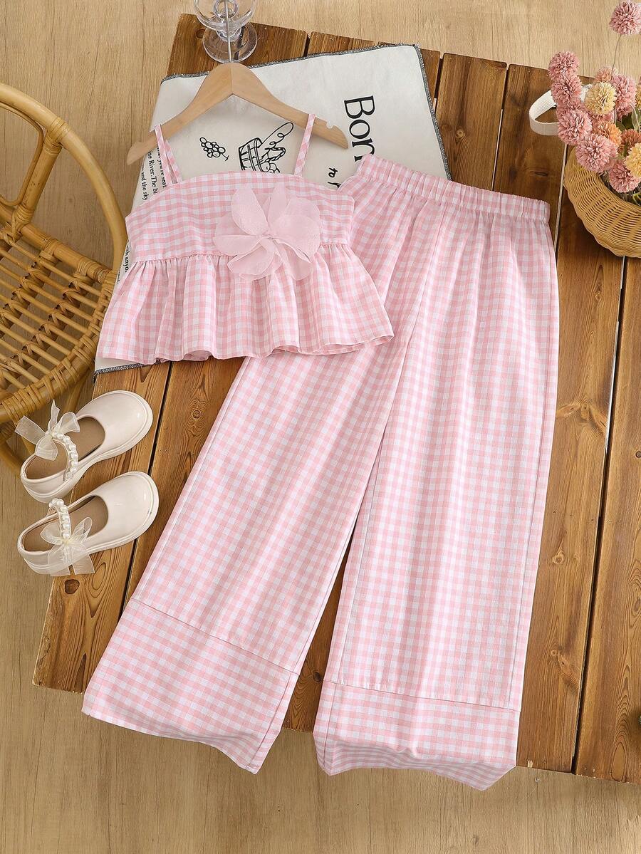 SHEIN 2pcs Tween Girl Woven Plaid Camisole Top And Pants Set - Pink - View 1