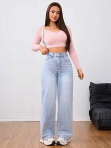 SHEIN Unity Celana Jeans Kasual Model Washed Pinggang Tinggi Potongan Lurus - Light Wash - View 4