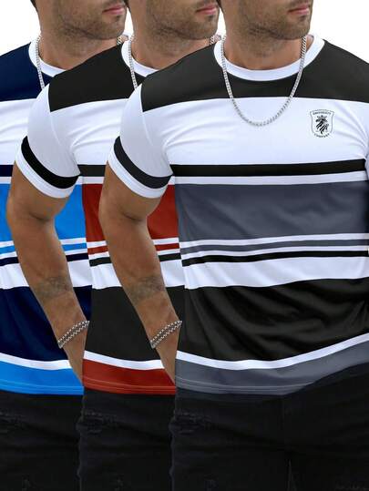 SHEIN Set de 3 camisetas de manga corta casuales de verano para hombres con bloques de color y rayas