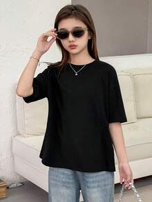 DAZY Tween Girl Plain Round Neck Backless Split Casual Short Sleeve T-Shirt - Black - View 4
