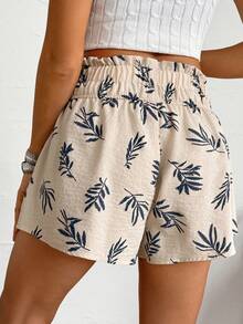 LanaWest Women's Apricot Lace Faux Embroidered Leaf High Waist Ruffle Hem Casual Shorts, Spring/Summer - Apricot - View 2