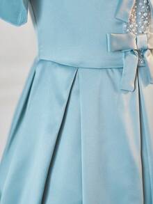 SHEIN Dusty Pink Girls Everyday Casual Dress Round Neck Puff Short Sleeve Zipper Midi A Line For Church And Special Occasions Dusty Blue Dress Girls Blue Dresses For Girls Bow Deco Mint Dress - Dusty Pink - View 11