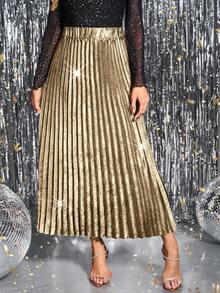 SHEIN Clasi Women's Pleated Skirt, Coated Shiny Gold Fabric, Elegant For Daily Wear, Festivals, Parties, Waist Cinching, Slimming, Long Skirt, Autumn/Winter - Champagne - View 5