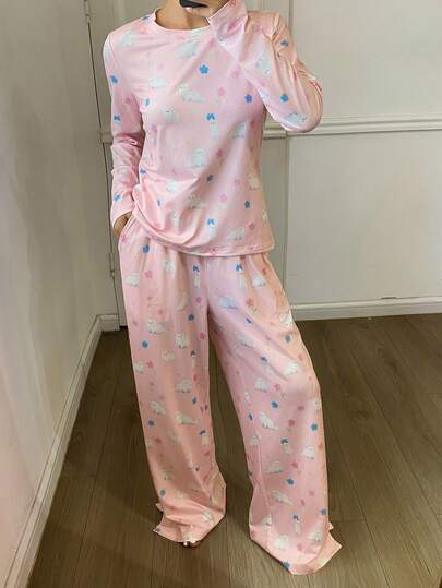 DAZY 可爱小狗和碎花图案女士睡衣套装，家居服