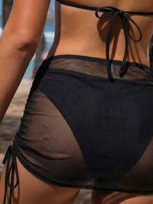 Swim Mod 3件套女士性感豹纹吊带三角罩杯网纱比基尼泳衣 - 黑色 - 查看 4