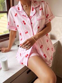 SHEIN Napfluff 2pcs Women Pajama Set, Short Sleeve Top And Long Pants, Pink Striped Cherry Bow Print, Casual And Cute Sleepwear - Baby Pink - View 5