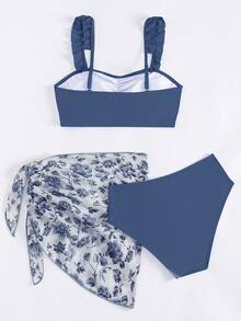 SHEIN 少女三件套比基尼：可爱纯色针织露背上衣，饰有荷叶边，搭配褶皱泳裤和印花罩裙。时尚、优雅、休闲风格，适合夏季游泳、海滩和度假。三件套泳装，保守比基尼套装，带纱笼裙的比基尼套装，三件套泳衣，修身泳装，两件套夏季套装，三件套泳装，三件套泳衣。 - 藏蓝色 - 查看 2