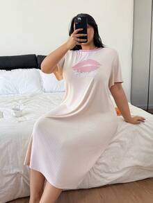 Dream Adore Plus Size Jacquard Knit Embroidered Lip Long Nightgown - Apricot - View 4
