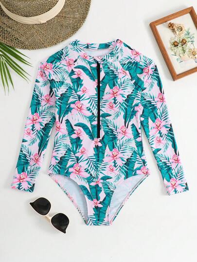 SHEIN Girls' 8-12 Years Floral Print Long Sleeve One-Piece Swimsuit, Zipper Closure, Tween GirlsSwimming Costume For Beach, Vacation, Surfing