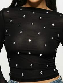 MISSGUIDED Crystal Embellished Long Sleeve Sheer Mesh Top With Rhinestone Details For Evening Party Occasions - Black - View 5