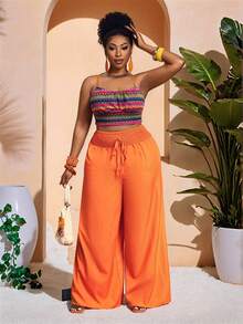 Slaydiva Pink,Summer,Boho,Vacation,Holiday Plus Size Women Colorblock Knit Pattern Camisole Top And Solid Wrap Around Pants Set Y2k Trousers Jumpsuit - Red - View 6