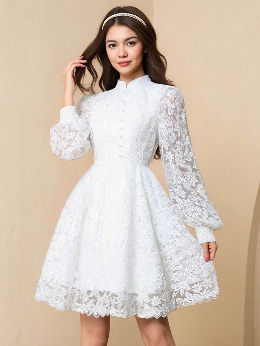 Elegant Lace Lantern Sleeve Cinched Waist Ruffle Puff Dress, & Luxurious Style For Teenage Girls