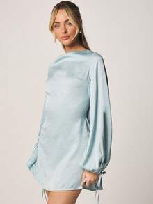 MISSGUIDED Satin Long Sleeve Cowl Back Mini Dress With Balloon Sleeves And Tie Details For Party Occasions - Blue - View 4