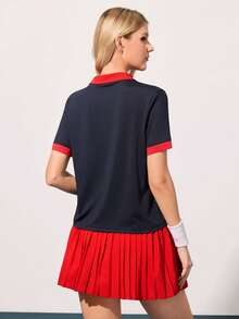CourtClass Women's Contrast Trim Half-Zip Short Sleeve Tennis Top - Navy Blue - View 2