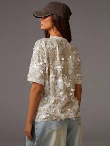 Athîral 女士亮片侧开衩宽松短袖时尚衬衫，优雅女士衬衫，毕业典礼，夏季假期 - 白色 - 查看 2