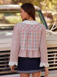 WESTFADE Mixed Plaid & Gingham Collared Button Front Tiered Ruffle Boxy Fit Top Fall, Autumn, Winter, Boho, Casual, Cute, Western Wear, Country Outfit - Baby Pink - View 2