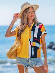 SHEIN LUNE Color Block Notch Neck Summer Casual Short Sleeve Shirt,Vacation - Yellow - View 4