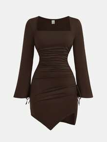 SHEIN Girlism Đầm dài tay màu trơn cổ vuông xẻ tà chéo kiểu Y2K cho bé gái tuổi teen, thích hợp mặc dịp năm mới. - màu nâu - Xem 5