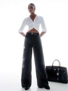 LYSMO 女士休闲日常条纹水钻装饰阔腿裤 - 深灰色 - 查看 6