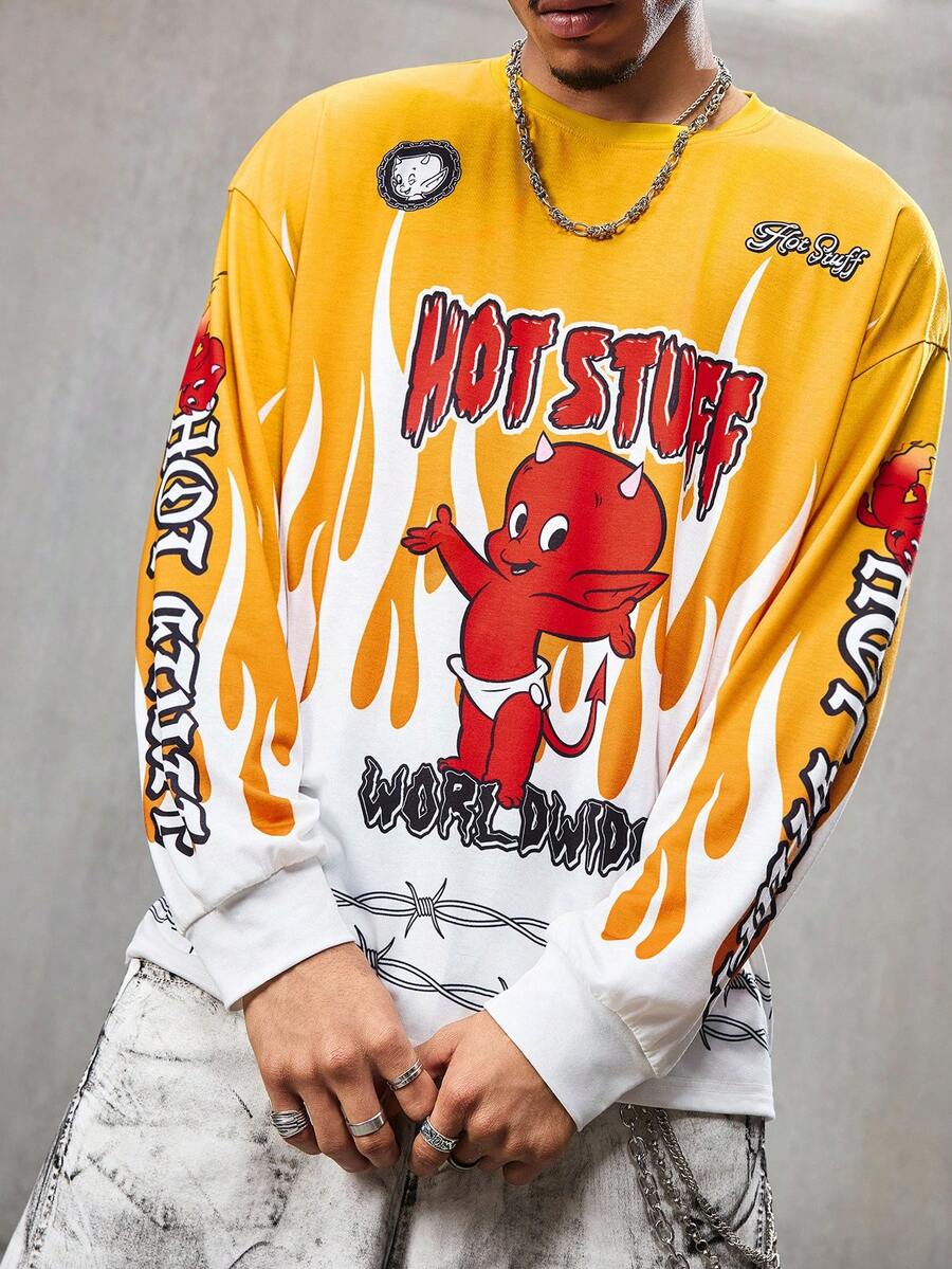 SHEIN HOT STUFF 男士休闲街头火焰字母印花宽松长袖T恤，适合日常通勤，春秋季穿着 - 鵝黃色 - 查看 1
