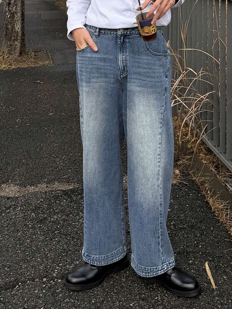 Men's Distressed Washed Blue Denim Jeans, Autumn
