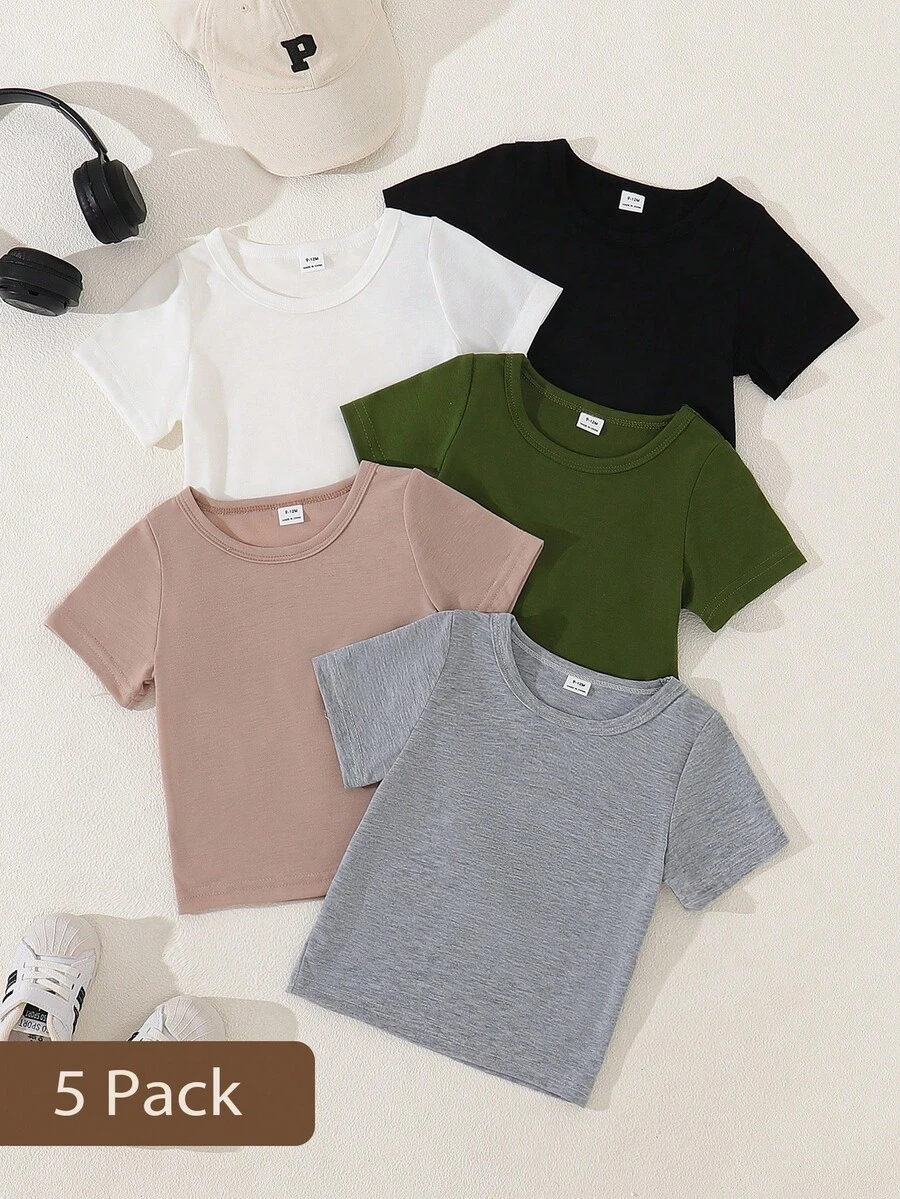 SHEIN Playful Pals 5件套婴儿/幼儿男童休闲舒适白色T恤，春夏款 - 彩色 - 查看 1