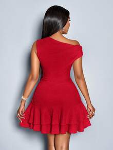 SOLERSUN 女装春夏时尚日常装节日优雅优雅派对日间杏色针织不对称领口长袖聚拢双褶迷你连衣裙