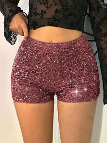 SHEIN EZwear Quần short cạp cao ôm sát bằng vải đính sequin lấp lánh dành cho nữ cỡ lớn, thích hợp cho các bữa tiệc, lễ hội âm nhạc, buổi hòa nhạc, có lớp lót, thích hợp cho mùa thu/đông. - Bụi hồng - Xem 3