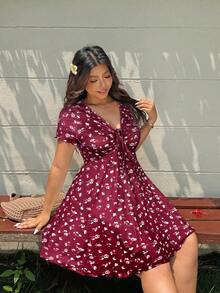 Solflare Plus Size Women Summer Vacation Style Ditsy Floral Drawstring Ruched Tie Waist Dress - Burgundy - View 3