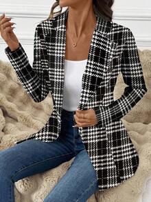 SHEIN Clasi Women's Casual Elegant Plaid Print Blazer Jacket, Suitable For Commuting In Autumn/Winter Spring
