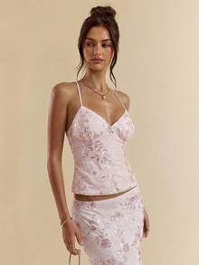 SHEIN BAE 1 buah Atasan Tank Top Wanita Warna Polos Bertekstur Jacquard dengan Tali Bahu Tipis, Camisole untuk Liburan - Baby Pink - View 7