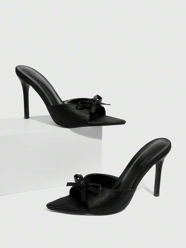 CUCCOO CHICEST Women Shoes Black Satin Satin Spring And Summer Bow Element Fashionable Sexy Pointed Stiletto Slippers Summer Shoes