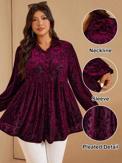 Comfylo Plus Size Velvet Burnout Front Button Casual Long Sleeve Loose Shirt Curvy Blouses Boho Tops Plus Size Plus Size Women Blouse Plus Size Tunic Tops