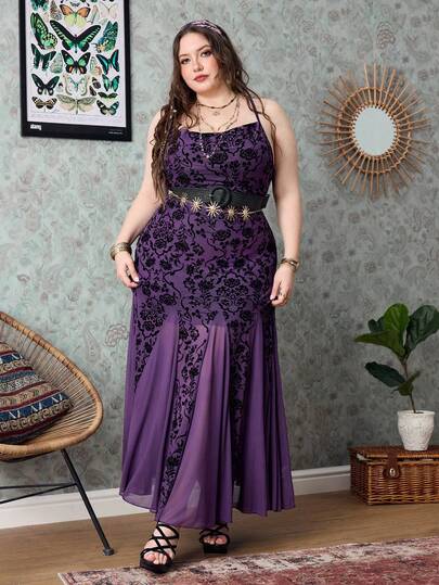 Robe vintage hippie élégante à encolure drapée en maille floquée pour femmes grandes tailles, violet foncé