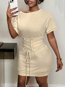 Xyvia 新款春夏可调节腰带迷你卫衣连衣裙，宽松休闲连衣裙卫衣 - 杏色 - 查看 3