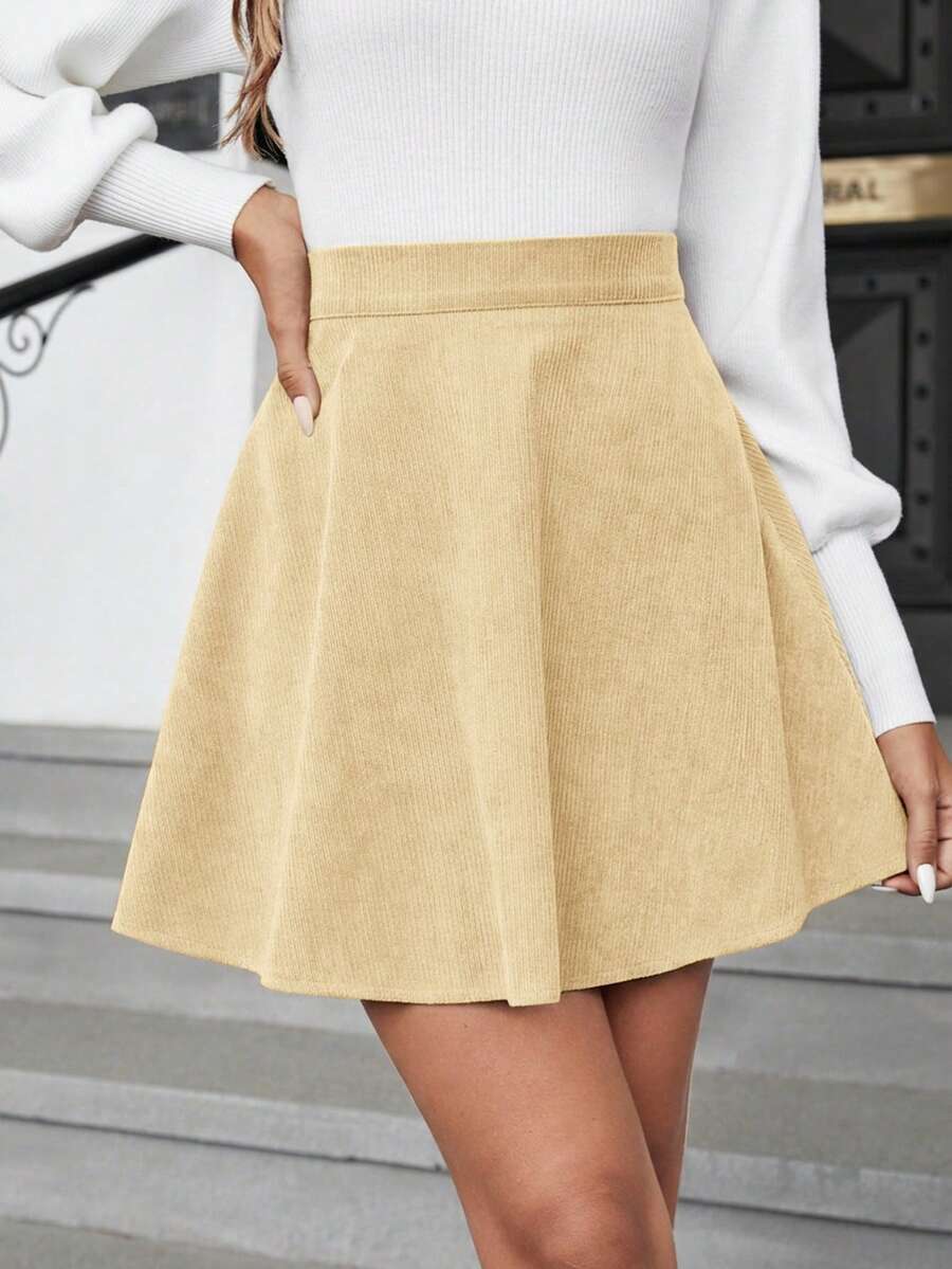 Serisse Solid Corduroy Flare A-Liner Brown Skirt - Apricot - View 1