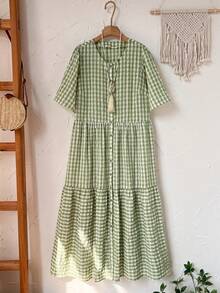 Rusticease Plus Size Women's Sage Green Plaid Dress,Summer 1920s Elegant Picnic Loose Fit Round Neck Short Sleeve Flowy Long Dress,Casual Vacation Outfits - Green - View 7