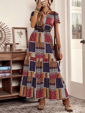  Vestido bohemio de estilo occidental casual de primavera/verano para mujer LanaWest, con escote en V, manga corta, cintura ceñida, multicapa y estampado de flores de anacardo en parches de colores