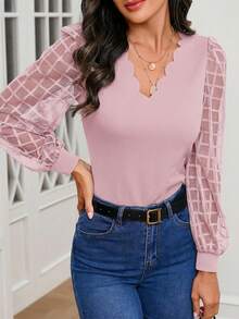 SHEIN Clasi Women's Pearl Edge Transparent Mesh Puff Sleeve Shirt Splicing Black Top - Coral Pink - View 6