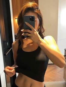 DAZY Women's Minimalist Camisole Top With Built-In Padded Bra And Letter Woven Label Decor, Backless Design