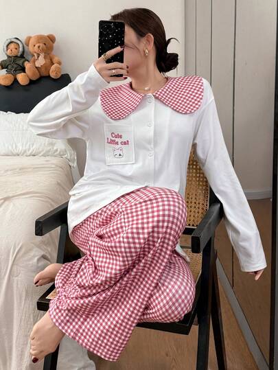 DAZY 2pcs Women Cartoon Cat Plaid Patchwork Peter Pan Collar Cardigan Long Sleeve Top And Loose Pants Pajama Set