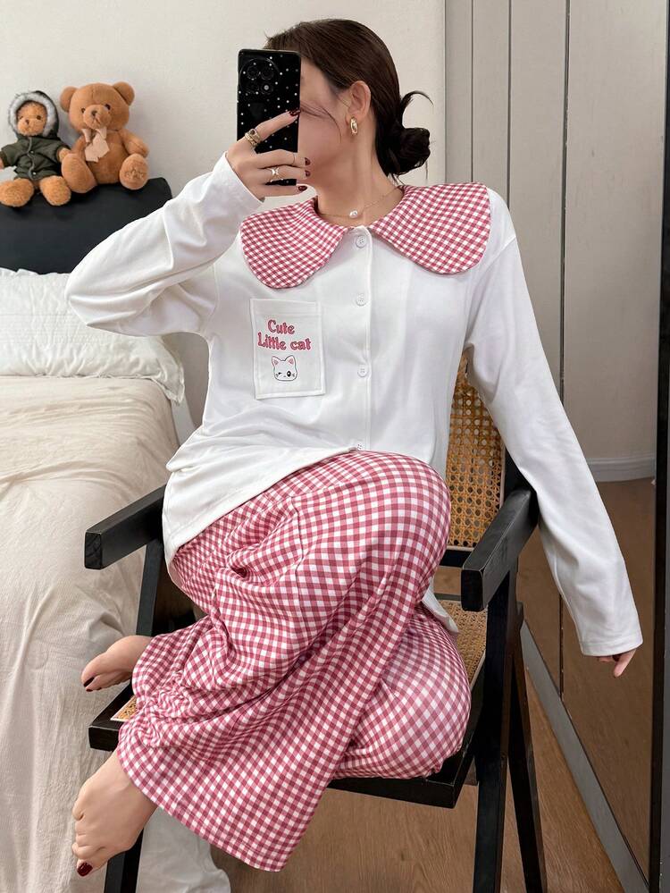 2pcs Women Cartoon Cat Plaid Patchwork Peter Pan Collar Cardigan Long Sleeve Top And Loose Pants Pajama Set
