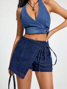 Jeanoix Women's Solid Color Wrap Tie Casual Denim Shorts Vacation Navy Blue Summer - Blue - View 6