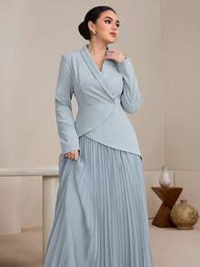 Graceveil Bộ đồ 2 mảnh dành cho nữ, gồm áo blazer thiết kế bất đối xứng thanh lịch và chân váy xếp ly, trang phục thường ngày sành điệu. - Màu xanh lam - Xem 6