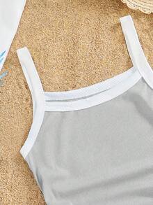 SHEIN Sparklyn Tween Girls' Casual Fitted Contrast Color Camisole,Grey Summer Knitted Ribbed Spaghetti Strap Top,City Break Versatile Style Kids All-Match Cami - Light Grey - View 3
