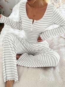 SHEIN Lace Trim Square Collar 2-Button Striped Print Long Sleeve Curve Pajamas Set , Fall & Winter Clothes