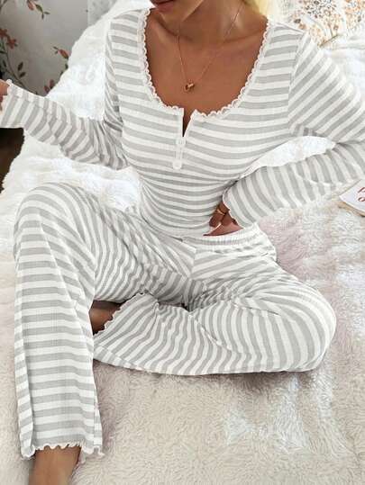 SHEIN Lace Trim Square Collar 2-Button Striped Print Long Sleeve Curve Pajamas Set , Fall & Winter Clothes