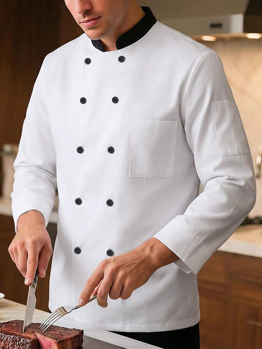 Manfinity Homme Áo sơ mi đầu bếp nam tay dài hai túi, hai hàng cúc, cổ tàu, áo khoác đầu bếp nam, trang phục đầu bếp nam, áo vest đầu bếp, đồng phục nhà bếp nam. - trắng - Xem 1