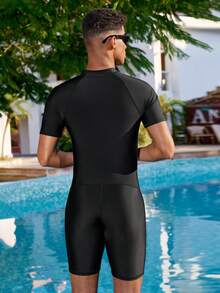 Manfinity VDAYZ Bañador de una pieza con cuello redondo y manga corta con estampado de letras para hombre - Negro - Ver 4